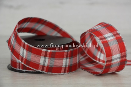 wstążka materiałowa – kratka 4/9 1szt czerwony/białoszary/srebrny
