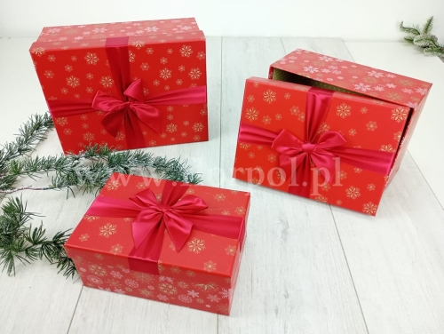 zestaw - pudełko prezentowe z kokardą - śnieżynki  3szt czerwony (22P211)
