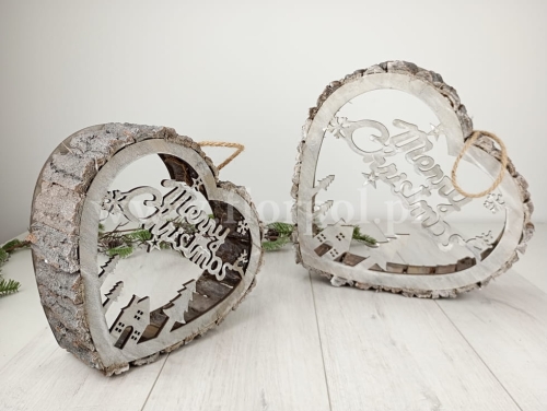 serce 3d kora-sklejka Merry Christmas 2szt bielone (18115)