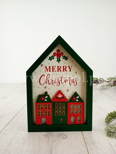 drewniany obrazek led - Merry Christmas 1szt zielony/czerwony/ecru (8703)