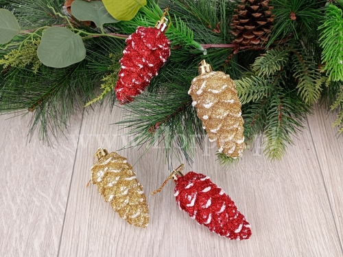 bombka szyszka brokat 4szt czerwony/złoty (H2410119)