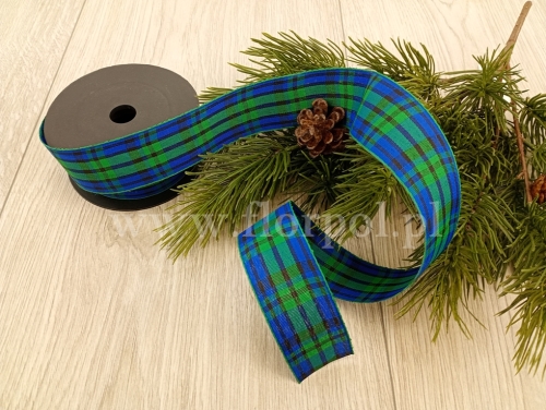 wstążka świąteczna –  kratka 4cm 1szt niebieski/zielony