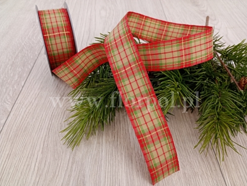 wstążka świąteczna –  kratka 4cm 1szt krem/pistacja/j.czerwień
