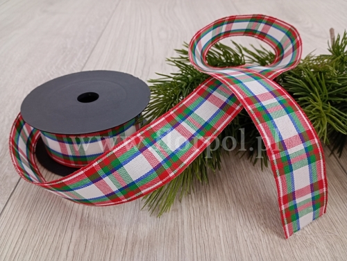 wstążka świąteczna –  kratka 4cm 1szt  biały/czerwony/zielony