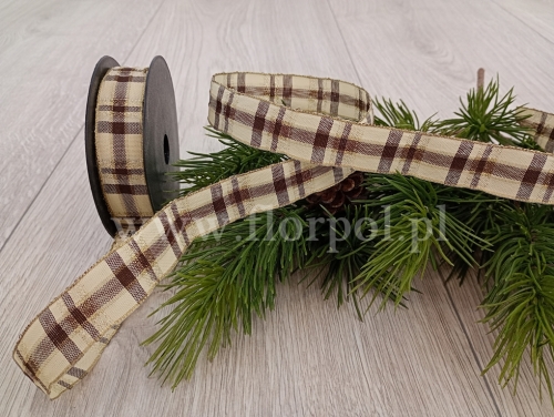 wstążka świąteczna –  kratka 2,5cm 1szt krem/brąz