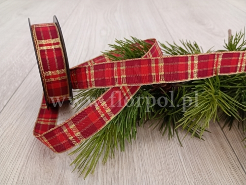 wstążka świąteczna –  kratka 2,5cm 1szt c.czerwień/złoto