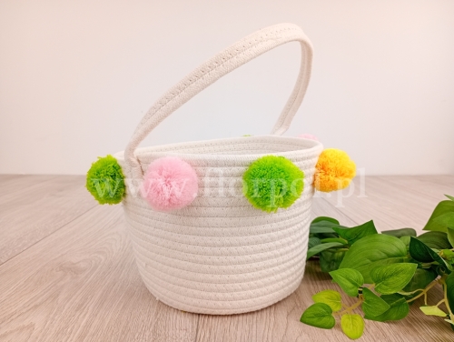 koszyczek sznurkowy z pomponami 1szt biały/mix (TER013)