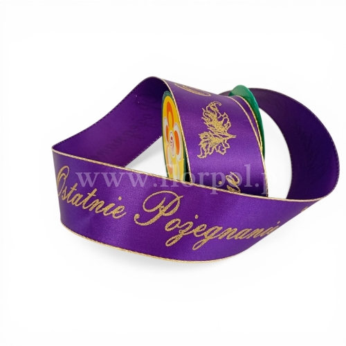 Wstążka pogrzebowa atłas TKANE druk – ostatnie pożegnanie fiolet (226085) 