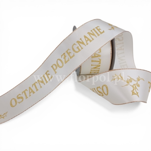 Wstążka pogrzebowa atłas TKANE druk – ostatnie pożegnanie ecru (226056)