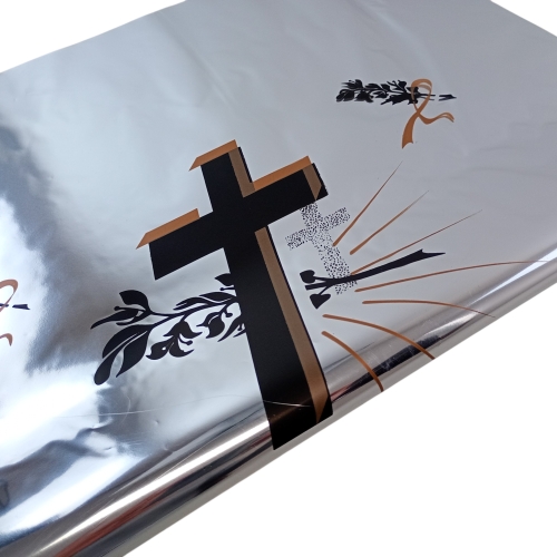 folia/rękaw do kwiatów - metal z krzyżem 50/70  50szt srebro/transparent 