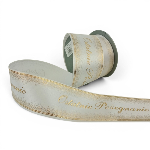 Wstązka pogrzebowa atłas TKANE – ost pożegnanie  6/10 1sztbiały/złoty (01-42-00)