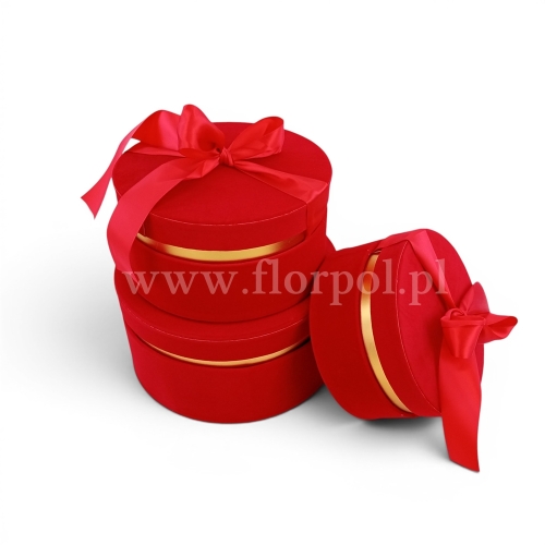 Okrągły welurowy box z kokardą  kpl 3szt czerwiony (H2504290)