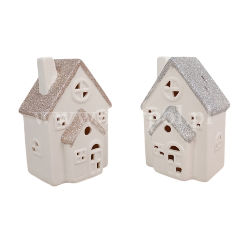 domek ceramiczny led - brokatowy dach 1szt ecru/srebro (YS15698AB)
