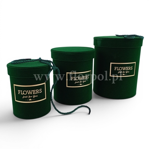 Zestaw okrągły welurowy flower box - Flowers just for you 3szt ciemny zielony (ART09999)