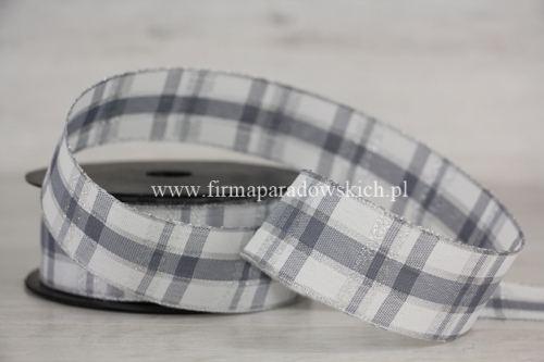 wstążka materiałowa – kratka 4/9 1szt biały/szary/srebrny