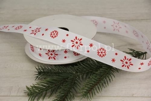 wstążka świąteczna – śnieżynki 1szt biały/czerwony (FX128)