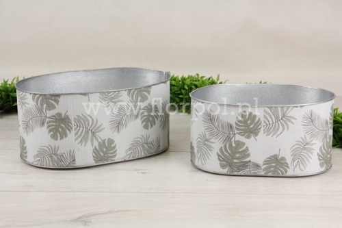 metalowa owalna osłonka – liście monstera 1szt ecru/szary