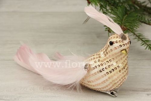 dekoracyjny ptaszek  1szt krem/złoto/jasny róż (EVE386)