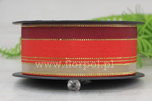 wstążka świąteczna –  pasy 4cm 1szt czerwony/bordo/beż