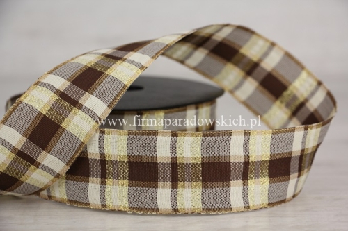 wstążka materiałowa – kratka 4/9 1szt brąz/krem/złoto