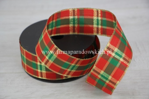 wstążka materiałowa – kratka 4/9 1szt czerwony/zielony/złoty